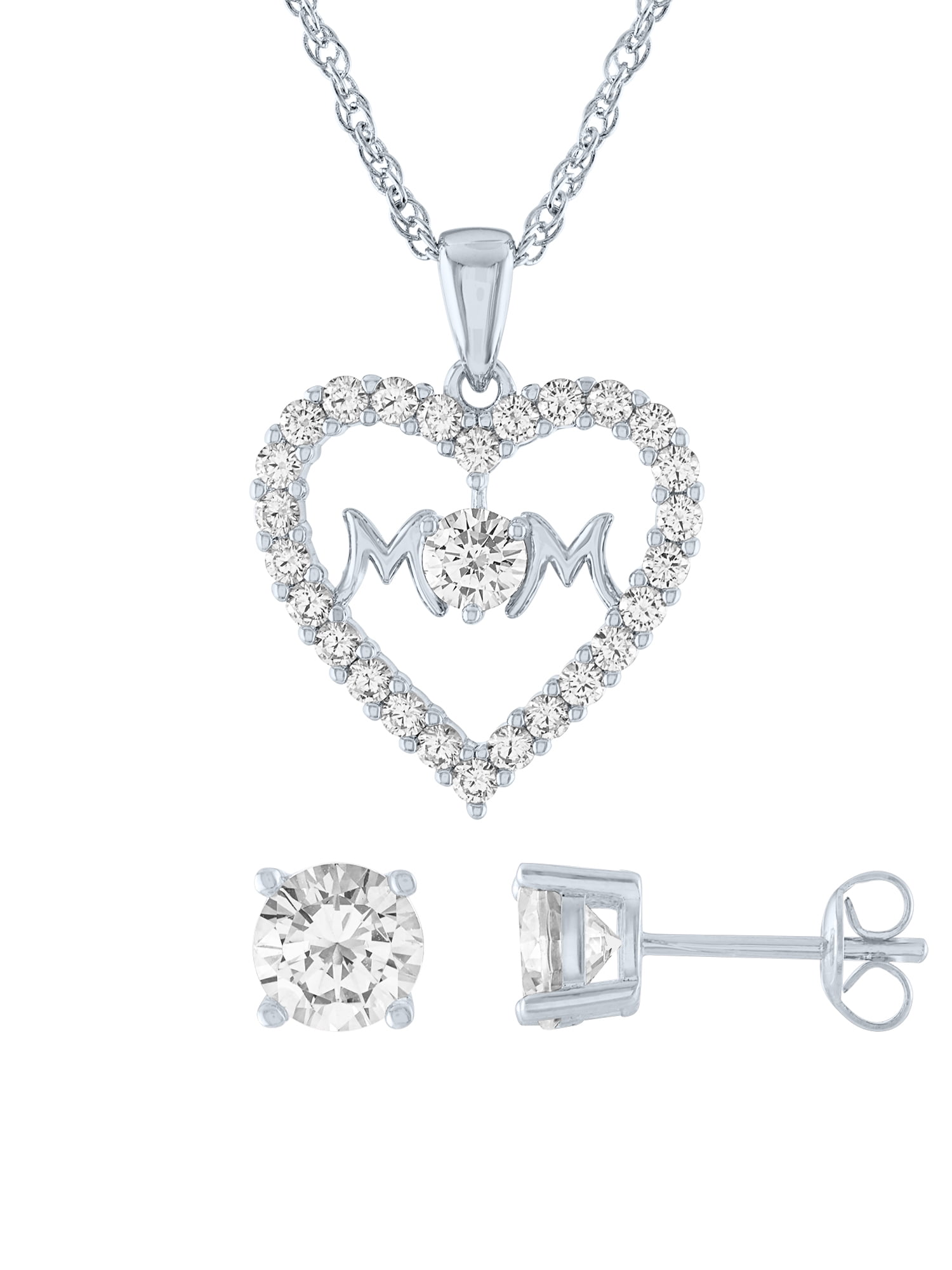Ladies Brilliance Fine Jewelry Sterling Silver Plated Simulated Diamond Mom Pendant & Earring Set