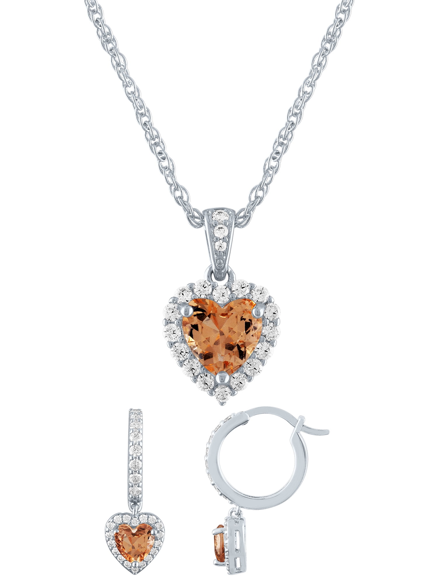 Ladies Brilliance Fine Jewelry Sterling Silver Plated Simulated Morganite & CZ Heart Set