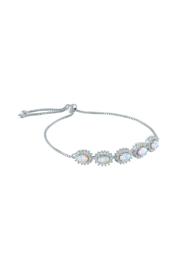 Ladies Brilliance Fine Jewelry Sterling Silver Plated Simulated Opal and CZ Adjustable Bracelet