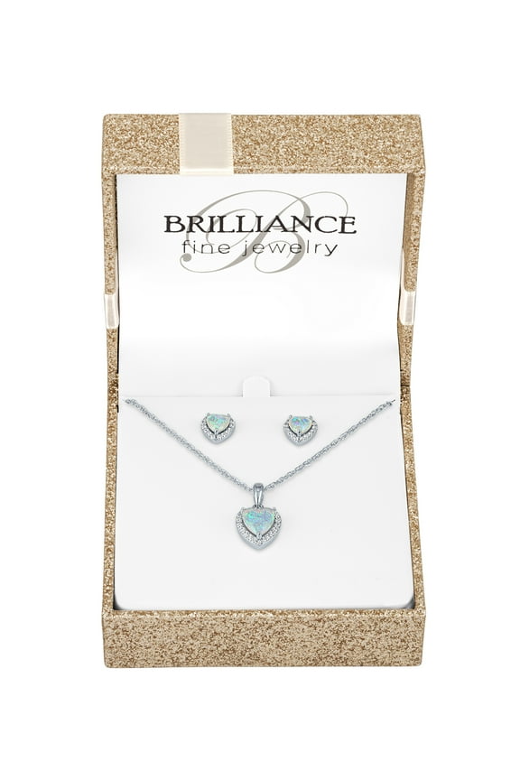 Ladies Brilliance Fine Jewelry Sterling Silver Plated Simulated Opal and CZ Pendant & Earring Set
