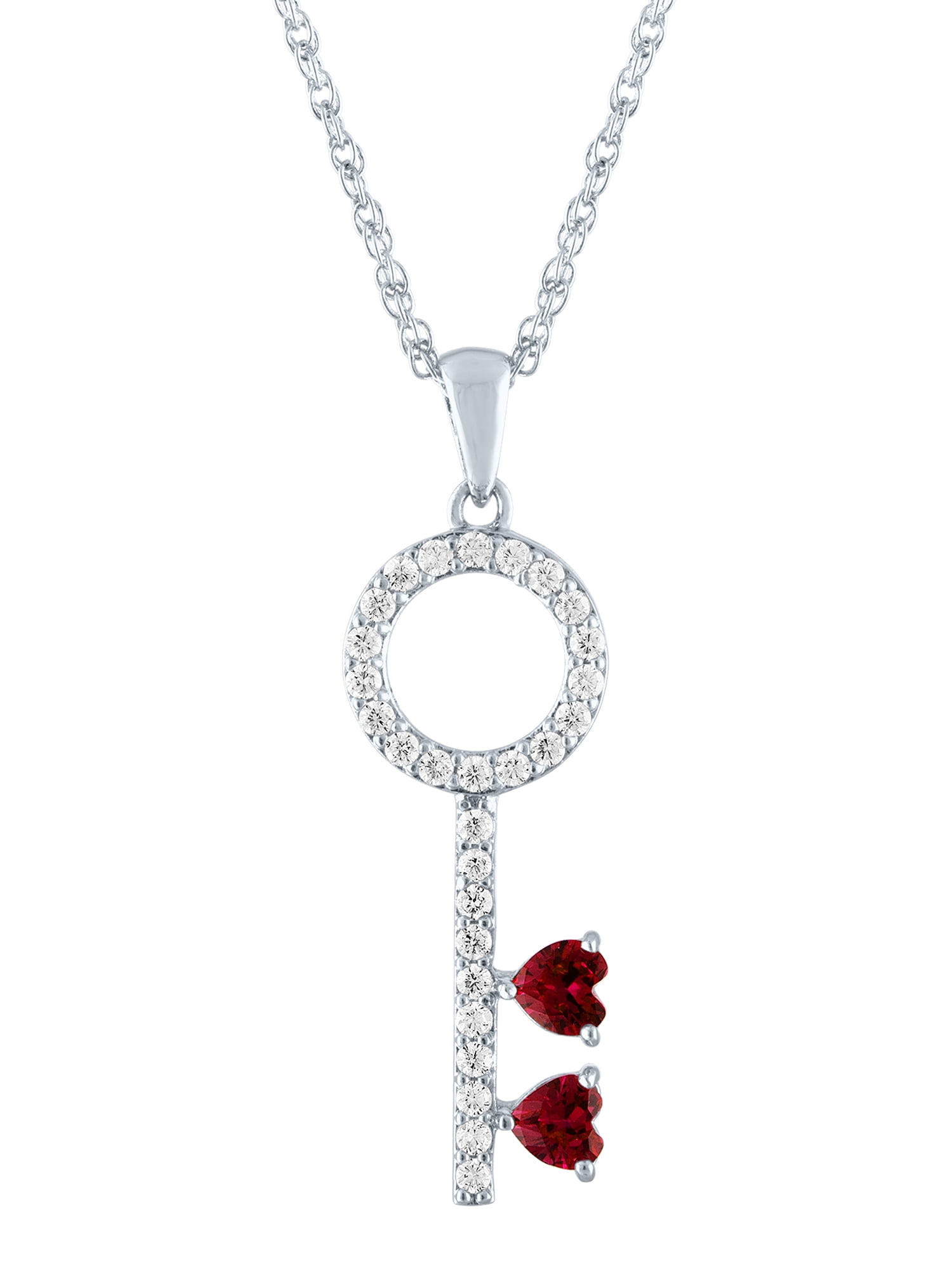 Ladies Brilliance Fine Jewelry Sterling Silver Plated Simulated Ruby and CZ Key Pendant, 18"