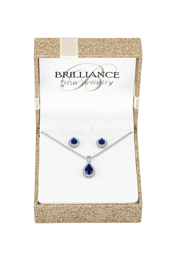 Ladies Brilliance Fine Jewelry Sterling Silver Plated Simulated Sapphire & CZ Pendant & Earring Set