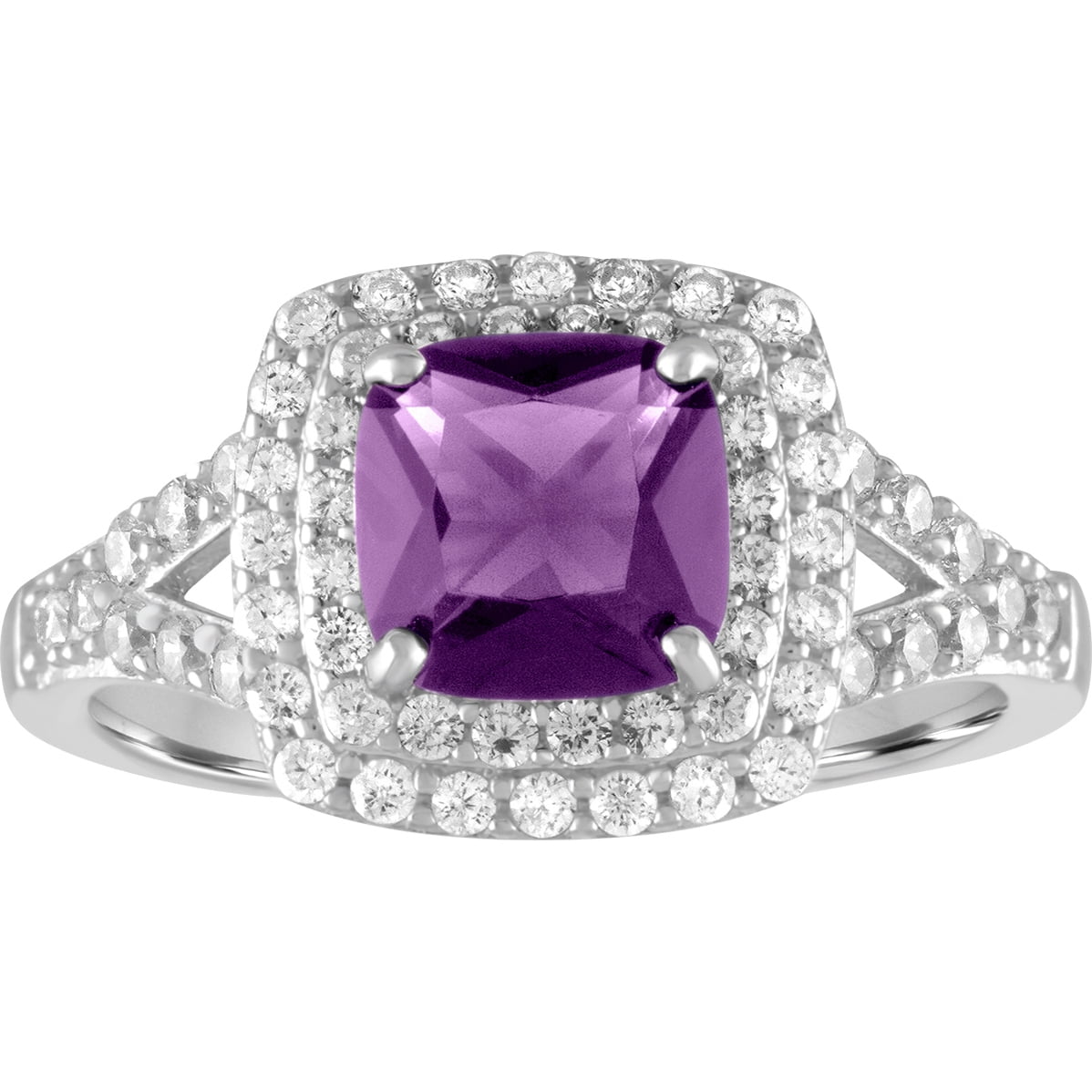 Ladies Brilliance Fine Jewelry Treated Amethyst and CZ Sterling Silver Double-Halo Cushion Ring