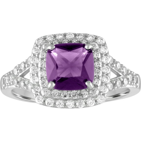 Ladies Brilliance Fine Jewelry Treated Amethyst and CZ Sterling Silver Double-Halo Cushion Ring