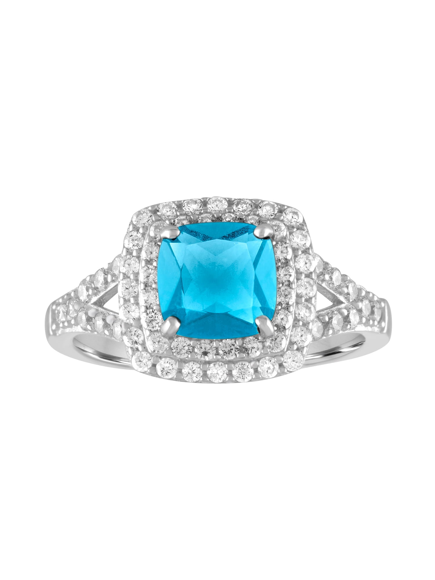 Ladies Brilliance Fine Jewelry Treated Blue Topaz and CZ Sterling Silver Double-Halo Cushion Ring