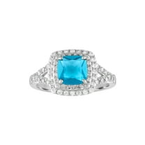 Ladies Brilliance Fine Jewelry Treated Blue Topaz and CZ Sterling Silver Double-Halo Cushion Ring