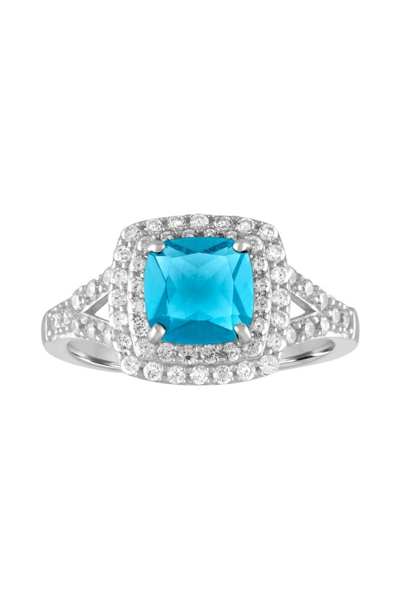 Ladies Brilliance Fine Jewelry Treated Blue Topaz and CZ Sterling Silver Double-Halo Cushion Ring