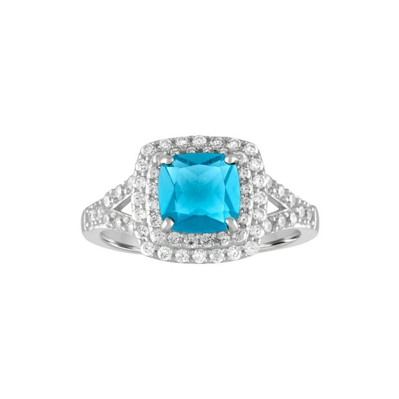 Ladies Brilliance Fine Jewelry Treated Blue Topaz and CZ Sterling Silver Double-Halo Cushion Ring