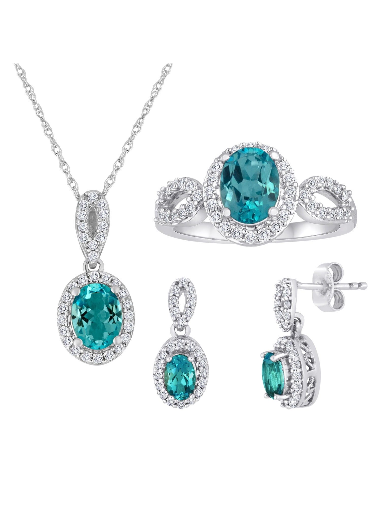 Ladies Brilliance Fine Jewelry Women's Blue Topaz Sterling Silver Earring, Ring and Pendant Set, 18"