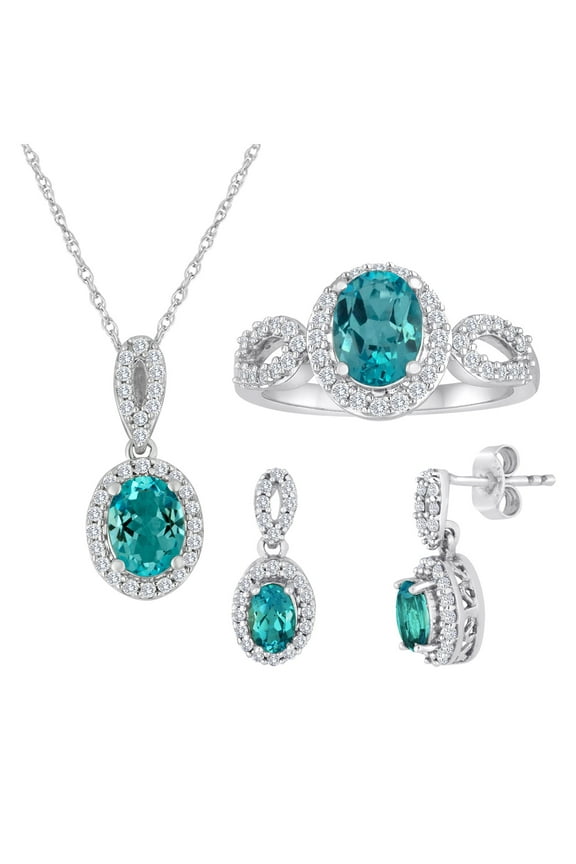 Ladies Brilliance Fine Jewelry Women's Blue Topaz Sterling Silver Earring, Ring and Pendant Set, 18"