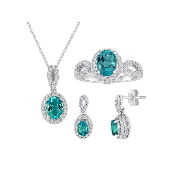 Ladies Brilliance Fine Jewelry Women's Blue Topaz Sterling Silver Earring, Ring and Pendant Set, 18"