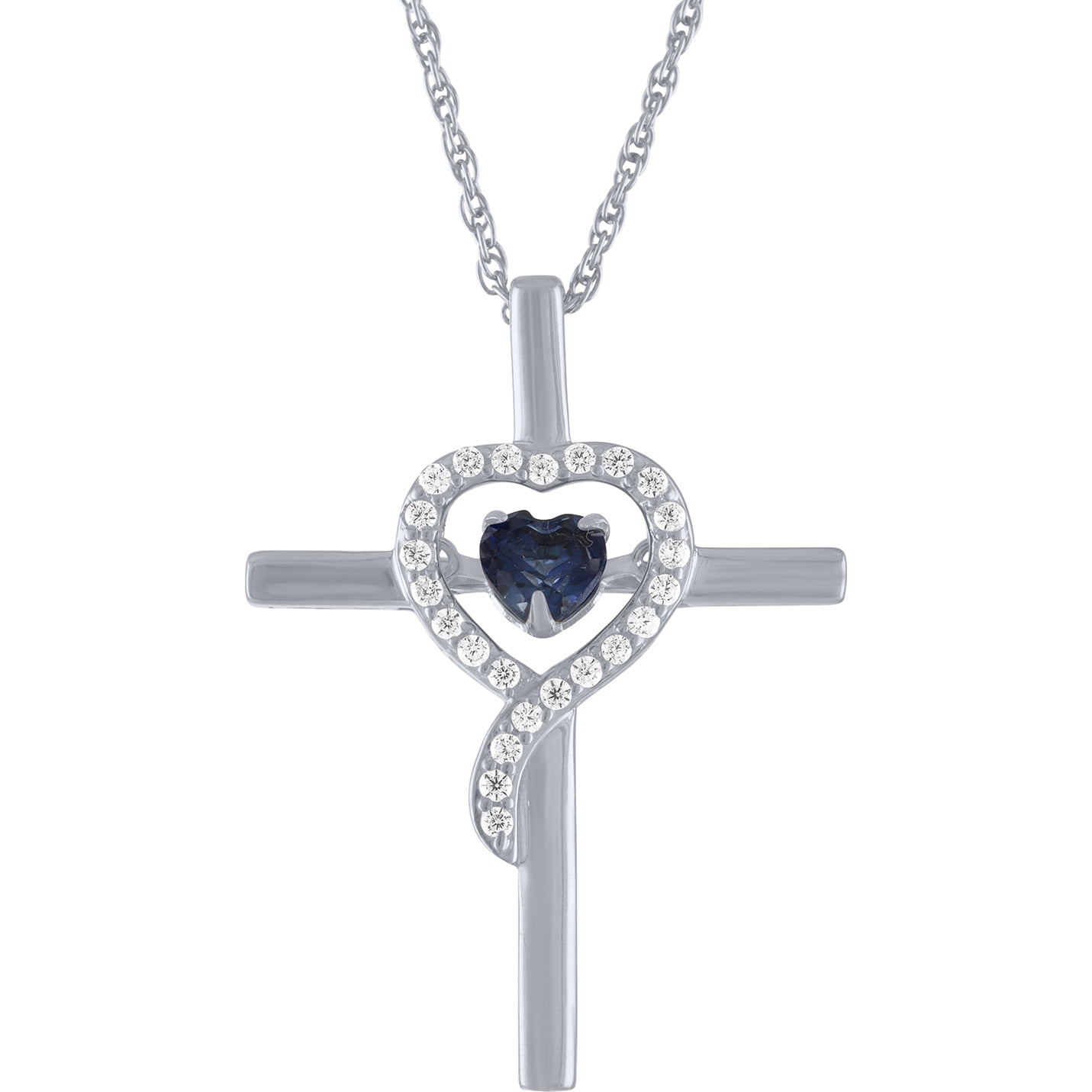 Ladies Brilliance Fine Jewelry Women's Created Blue Sapphire Dancing Cross Pendant in Sterling Silver, 18"