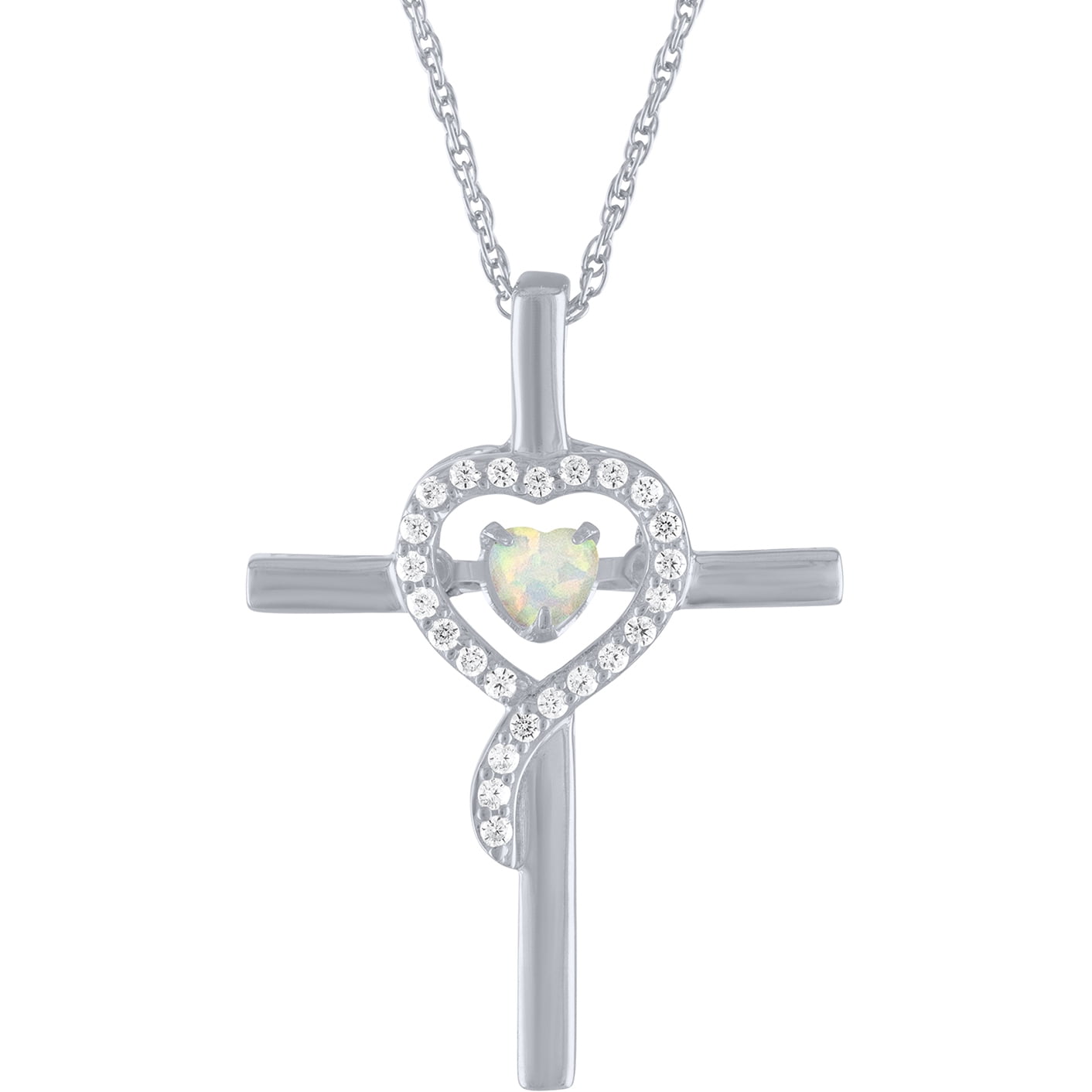 Ladies Brilliance Fine Jewelry Women's Created Opal Dancing Cross Pendant in Sterling Silver, 18"