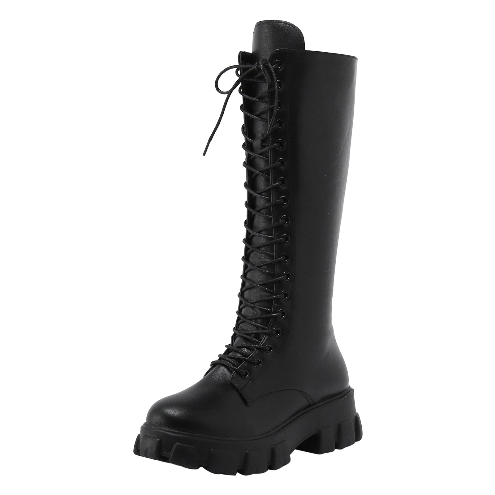 Ladies British Style Solid Leather Lace Up Side Zip Platform Fashion Long Boots High Sexy Boots