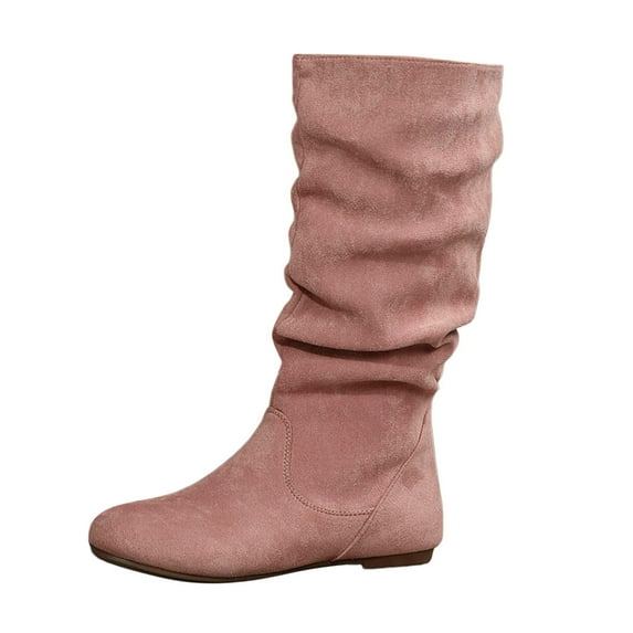Xiaoxatg Ladies British Style Suede Pleated Flat Bottom Medium Calf Boots with Solid Color Design for Fashion Comfort 7.5 Pink