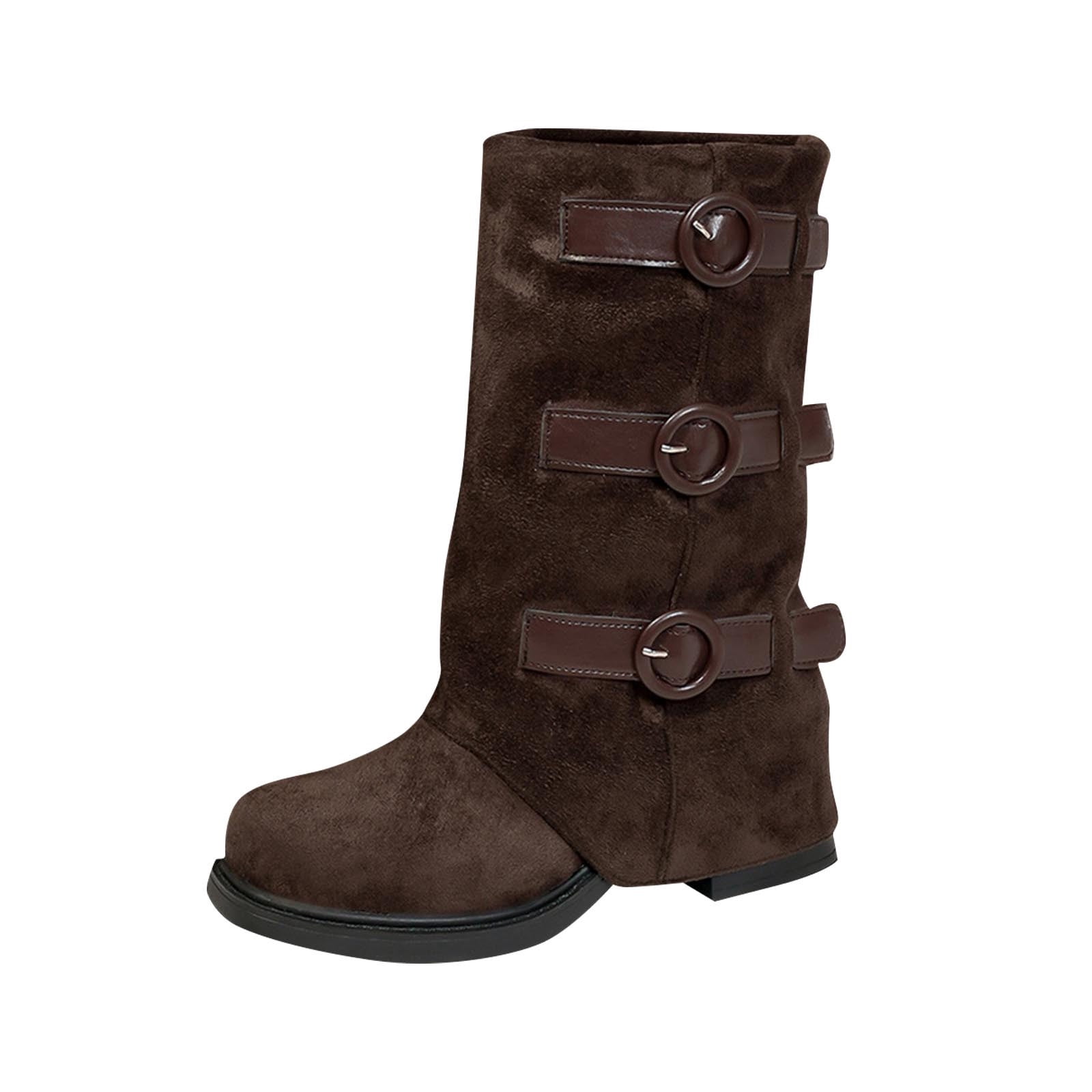 Ladies Brown Buckle Detail Short Boots Solid Color Comfort Fall Winter ...