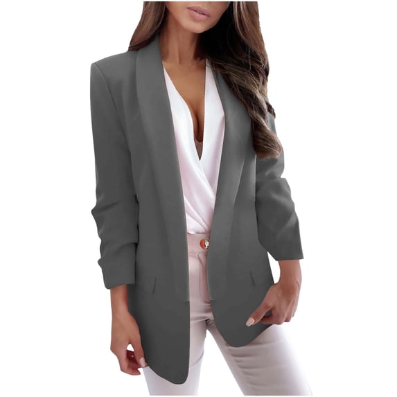 Ladies Business Casual Blazer Lapel Long Sleeve Suit Jacket Pockets Solid Dressy Elegant Open Front Cardigan Coat (XX-Large, Dark Gray)