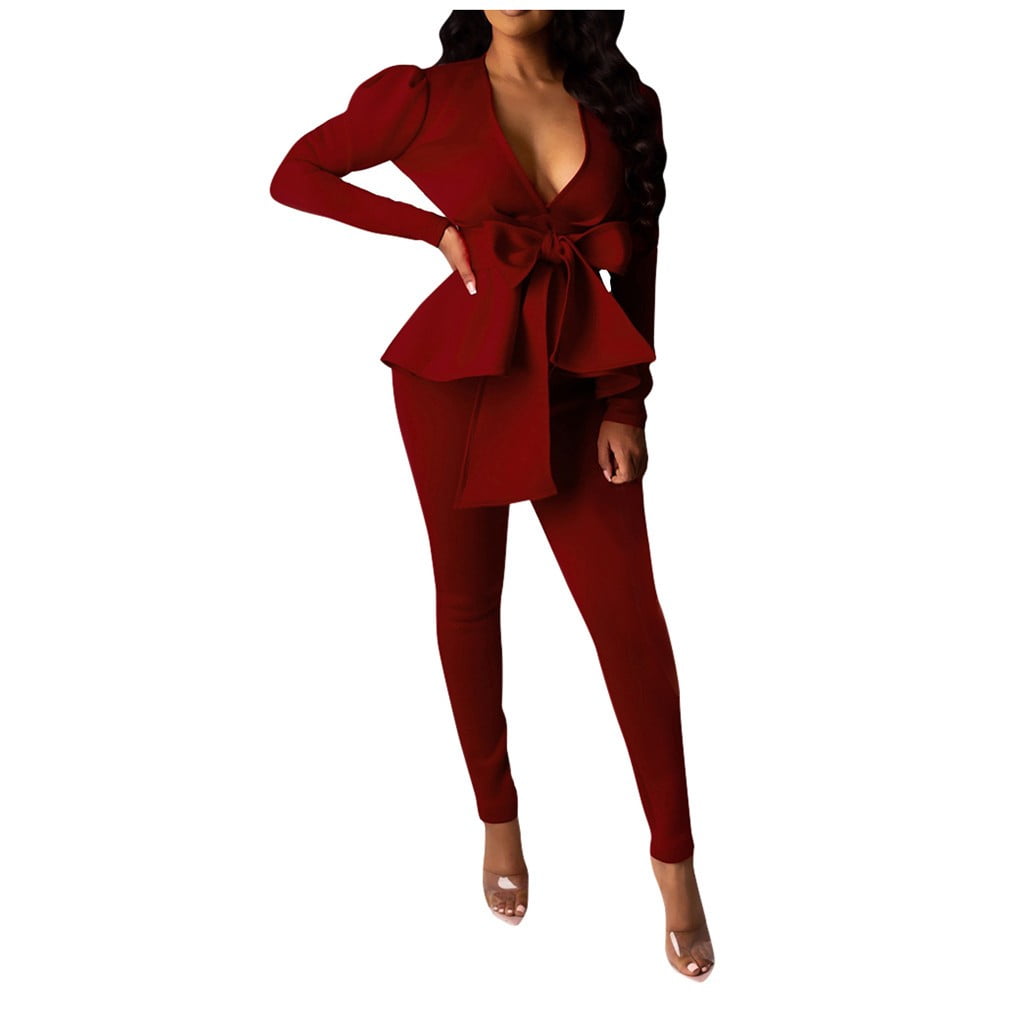 Ladies Business Casual Blazer Sets Sexy V Neck Bow Belted Jacket and Solid  Color Slim Fit Pants Suits 2 Piece Outfits Black
