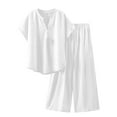 thumbnail image 1 of Ladies Business Outfits Women Loose Casual Solid Color Outfits Linen Set Short Sleeved V-Neck Blouse Tops Pants Outwear Travel Clothing Set White 4XL, 1 of 8
