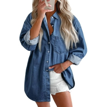 Ladies Button Denim Shirt Autumn Lapel V-Neck Oversized Casual Long-Sleeved Shirt Top With Pockets Blue