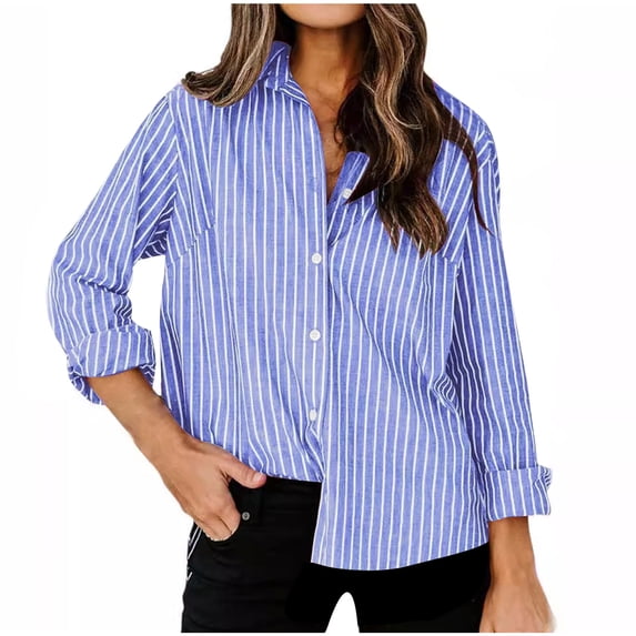 Ladies Button Down Shirts Striped Long Sleeve Dressy Casual Tops Relaxed Fit Lapel Blouses Office Work Wear (XL, Blue)