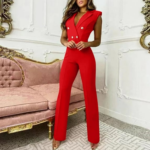 Ladies Button V-Neck Sleeveless Solid Color Jumpsuit Wear Women Linen Romper Woman Pants Suit Women's Pocket Front Corduroy Cropped Pants Overalls Pinafore Jumpsuit Maternity Dungarees Bodysuits Women