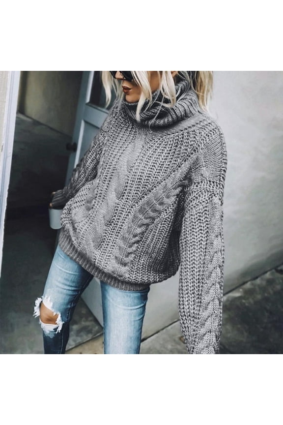 Ladies Cable Knit Baggy Turtleneck Sweaters Long Sleeve Warm Plain Pullover Tops Loose Casual Winter S-3xl (3X-Large, Gray)