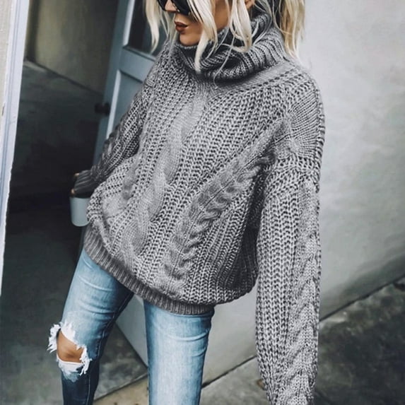 Ladies Cable Knit Baggy Turtleneck Sweaters Long Sleeve Warm Plain Pullover Tops Loose Casual Winter S-3xl (3X-Large, Gray)