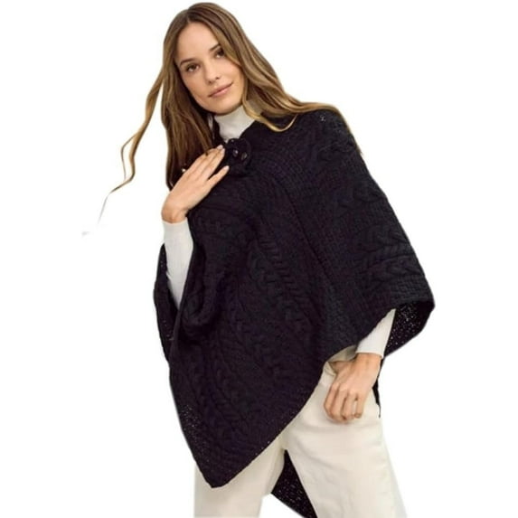 Ladies Cable Knit Poncho With Buttons