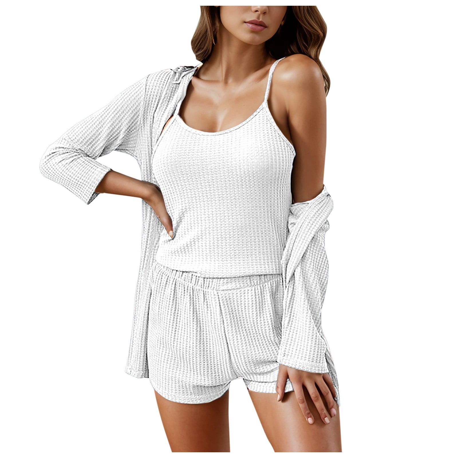 Lady Glams 3 Pcs Summer Women Dress Silk Pajamas - Fashion Print Suspenders and Shorts with Hanging Bag Home Wear Set