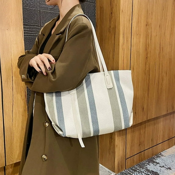 Ladies Canvas Shoulder Bag, Vertical Stripe Tote, Casual Fashion, Large Capacity, Waterproof Material, Wide Handles, High Load Bearing, For Shopping Travel Daily Use