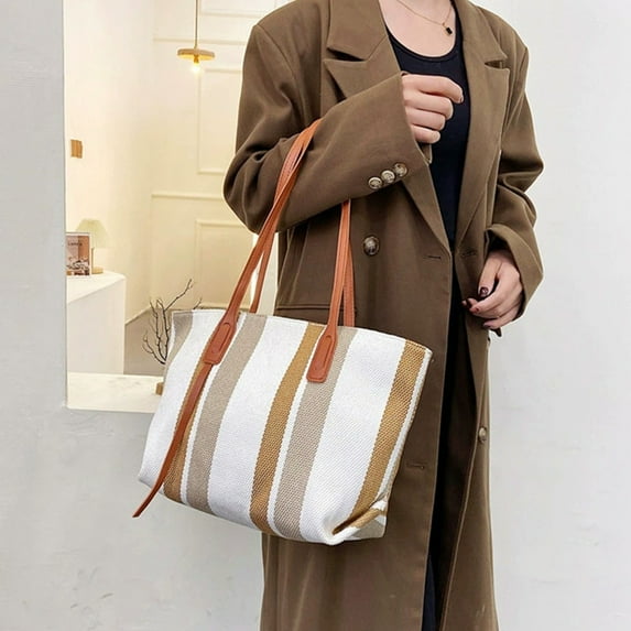 Ladies Canvas Shoulder Bag, Vertical Stripe Tote, Casual Fashion, Large Capacity, Waterproof Material, Wide Handles, High Load Bearing, For Shopping Travel Daily Use