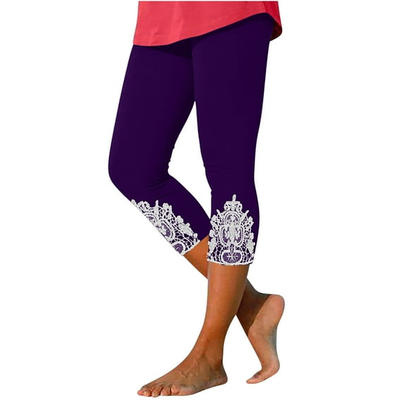 Ladies Capris Pants Women Floral Lace High Waisted Yoga Capris Solid Cropped Pants Casual Summer Polyester Soft Stretch Capris Leggings Purple xxl
