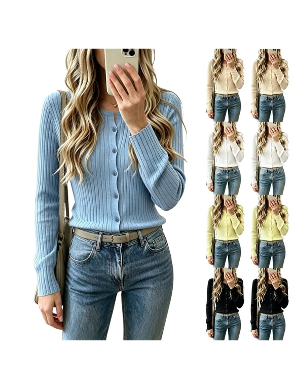 Ladies Cardigan Sweater Button Down Ribbed Knit Long Sleeve Slim Fit Lightweight Cozy Fall Winter Sweater Tops