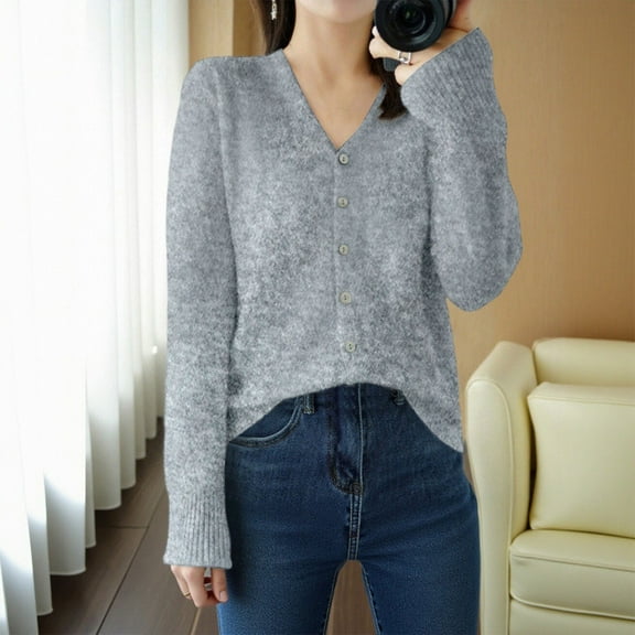 Ladies Cardigan Sweaters Long Sleeve Knit V-Neck Button Down Cardigans for Women Open Front Grey Layering Top Fashion Clothing