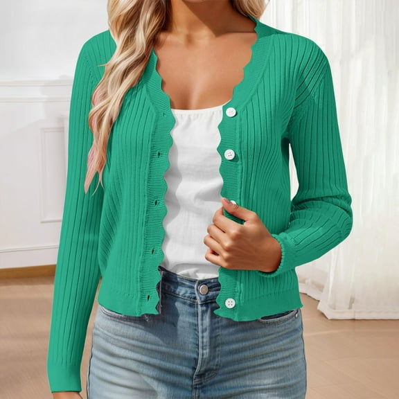Ladies Cardigan Sweaters Long Sleeve Knit V-Neck Button Down Fall Cardigans for Women Open Front Green Sweaters Early Fall Fashion