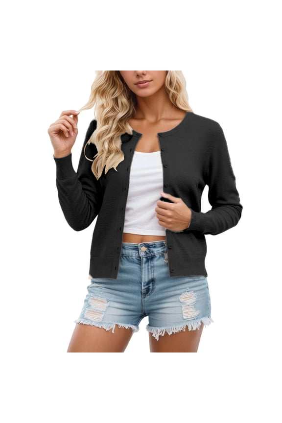 Ladies Cardigan Sweaters Long Sleeve Round Neck Knitted Button Down Cardigan for Dress Open Front Black Layering Top Ladies Clothes
