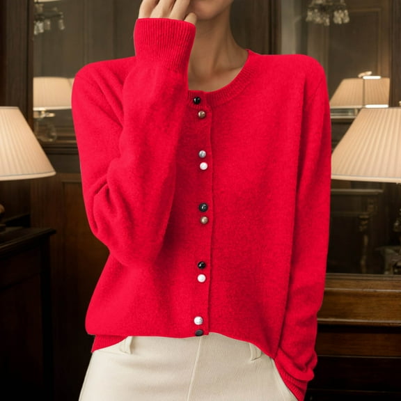 Ladies Cardigan Sweaters Long Sleeve Round Neck Knitted Button Up Womens Lightweight Cardigan Open Front Red Layering Top Winter Clothing for Women