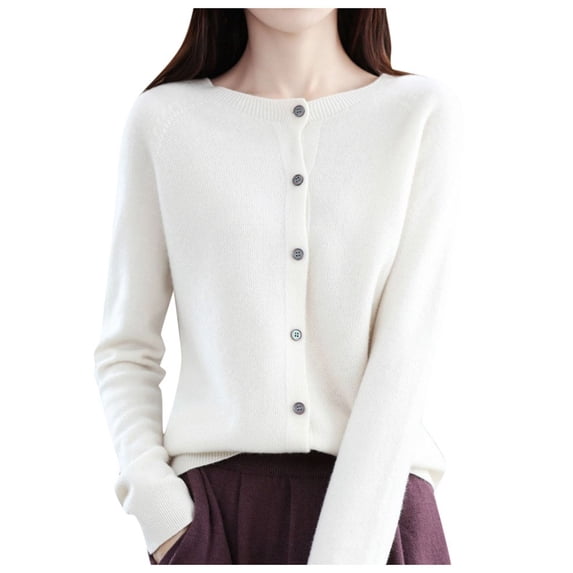 Ladies Cardigan Sweaters Long Sleeve Round Neck Knitted Button Up Womens Sweaters Open Front White Cardigan Fall Outfits