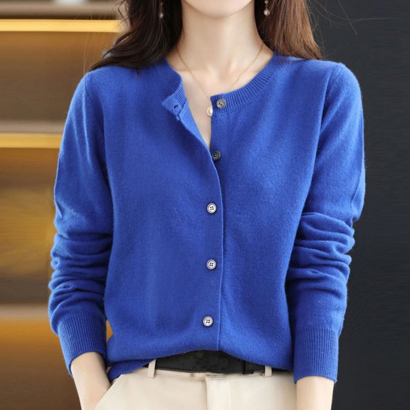 Ladies Cardigan Sweaters Long Sleeve Round Neck Knitted Button Up Womens Lightweight Sweaters Open Front Dark Blue Layering Top Fall Outfits for Women