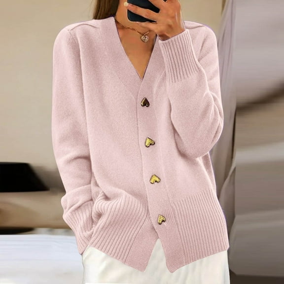 Ladies Cardigan Sweaters Long Sleeve V Neck Knitted Button Down Cardigan for Women Open Front Pink Sweaters Fall Fashion