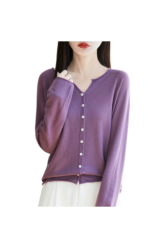 Ladies Cardigan Sweaters Long Sleeve V Neck Knitted Button Down Womens Lightweight Cardigan Open Front Dark Purple Layering Top Fall Fashion