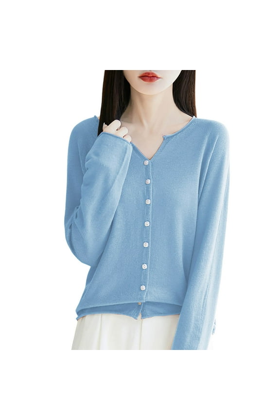 Ladies Cardigan Sweaters Long Sleeve V Neck Knitted Button Down Womens Sweater Open Front Sky Blue Sweaters Ladies Clothes