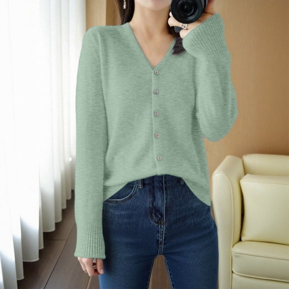 Ladies Cardigan Sweaters Long Sleeve V Neck Knitted Button Up Cropped Sweaters for Women Open Front Mint Green Cardigan Ladies Clothes