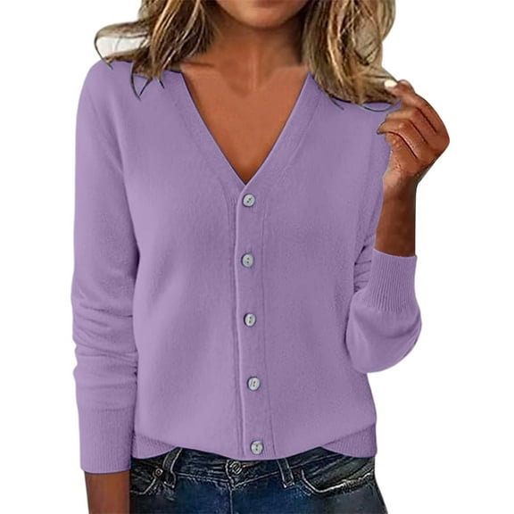 Ladies Cardigan Sweaters Long Sleeve V Neck Knitted Button Up Womens Cardigans Open Front Purple Cardigan Fashion Clothing