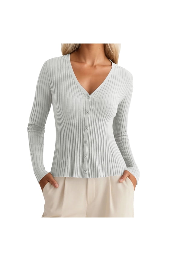 Ladies Cardigan Sweaters Long Sleeve V Neck Knitted Button Up Womens Lightweight Cardigan Open Front White Layering Top Fall Outfits for Women