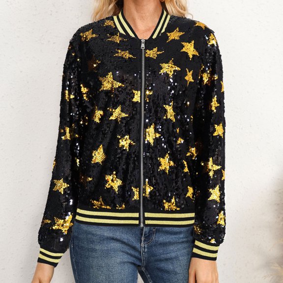 Ladies' Carnival Fashion Bead Top Shining Baseball Jacket Short Coat