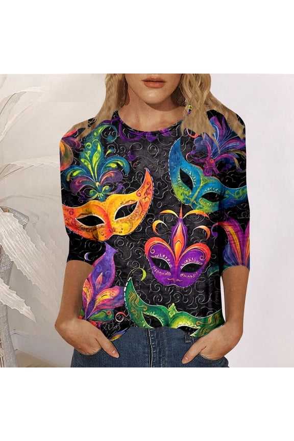 Ladies' Carnival Printed Round Neck Top Casual Loose 3/4 Sleeves Quarter Sleeves T Shirt Top Pack of Turtle Neck Top for Women Woman Tees Shirt Juniors Long Sleeve Running Shirts Long Fitted Shirts