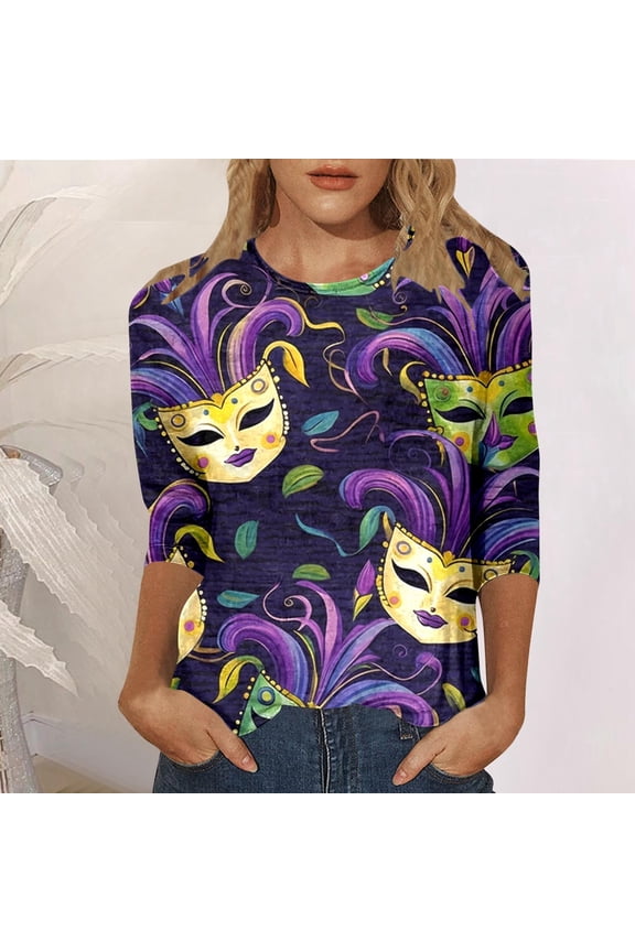 Ladies' Carnival Printed Round Neck Top Casual Loose 3/4 Sleeves Quarter Sleeves T Shirt Top T Neck Tops for Women Womens Polyester T Shirts Shirt for Juniors Long Sleeve Running Shirts Running Top