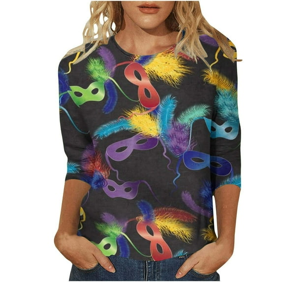 Ladies Carnival Tshirts Leisure Round Neck 3/4 Sleeve with 3D Mask Printed Blouses Loose Womens Pullover Tops A-Dark Blue L